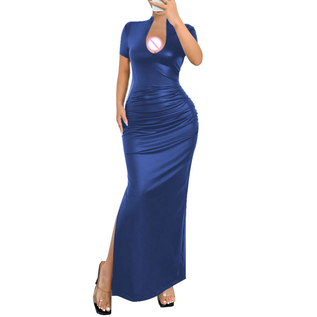 Ladies Elegant Deep V-Neck Long Dress Womens Streetwear Elastic PU Slim Fit Maxi Dress Female Sexy Short Sleeve Split Vestidos