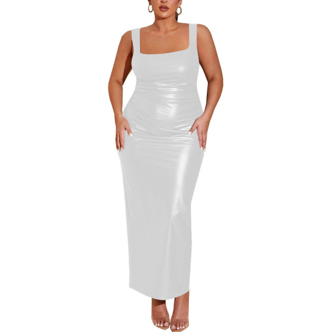 Sexy Bodycon Strap Maxi Dress Women PU Leather Matte Sleeveless Slim Fit Solid Color Dress Revelry Party Gowns Vestido Clubwear