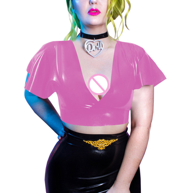 Goth Girls Deep V-neck Bodycon Short Sleeve Vinyl PVC Leather Summer Women Clothing Sexy Club Slim Solid Crop Tops Daily Wearng