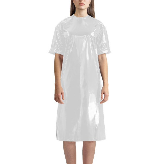 Fashion Vinyl PVC Leather T-shirt Dress Latex-look Short Sleeve Long T-Shirt Women Straight Knee-length Casual Dress Streetwear