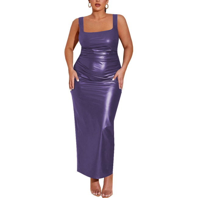 Sexy Bodycon Strap Maxi Dress Women PU Leather Matte Sleeveless Slim Fit Solid Color Dress Revelry Party Gowns Vestido Clubwear