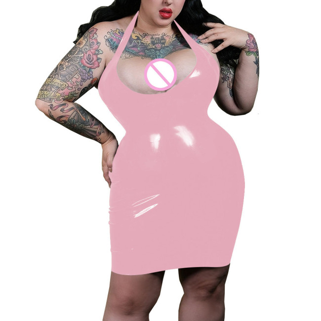 Sexy Plunging Neckline Halter Bodycon Dress Shiny PVC Leather Women Faux Latex Hobble Mini Dress Party Pole Dancing Exotic Dress