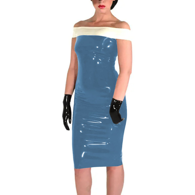 New Fashion Patchwork White Slim Fit Dress Shiny PVC Leather Slash Neck Bodycon Midi Dress Office Lady Back Zipper Sexy Dress