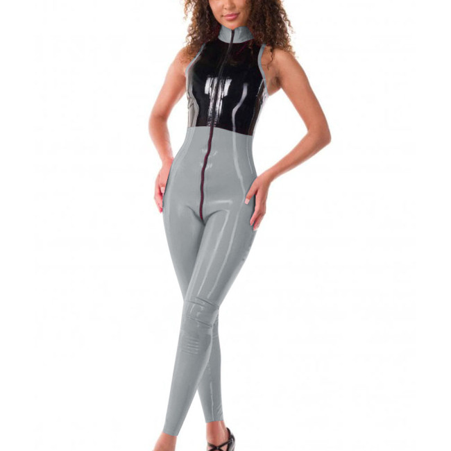 Womens Front Zipper Jumpsuit Wetlook Patent Leather Sleeveless Patchwork Catsuit Glossy Role Play Romper Clubwear Sissy Lingerie