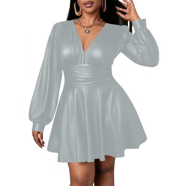 Deep V-neck Dress for Women PU Leather Long Lantern Sleeves Slim Waist Pleated Mini Dress Office Lady Sexy Vestido