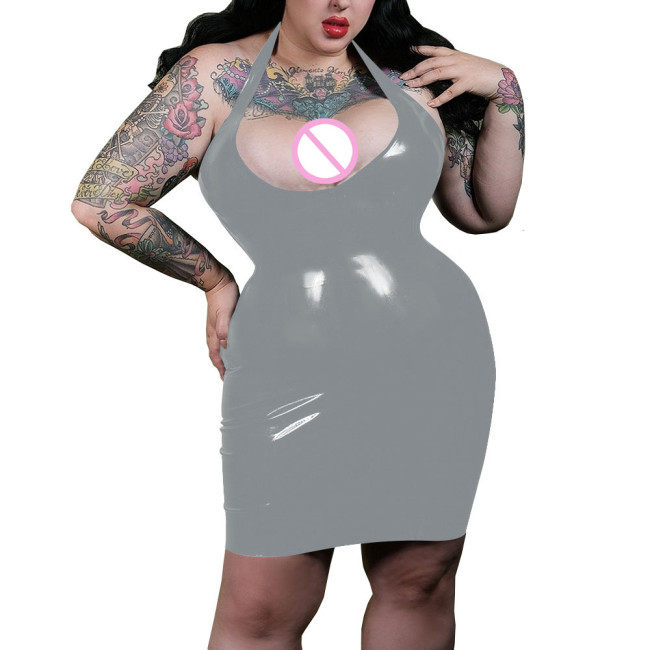 Sexy Plunging Neckline Halter Bodycon Dress Shiny PVC Leather Women Faux Latex Hobble Mini Dress Party Pole Dancing Exotic Dress