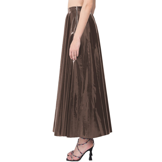 Elegance Long Pleated Skirt Women Candy Color Stretchy Maxi Skirts PVC Leather Side Zipper Casual Red Long Skirts Daily Wearbwear
