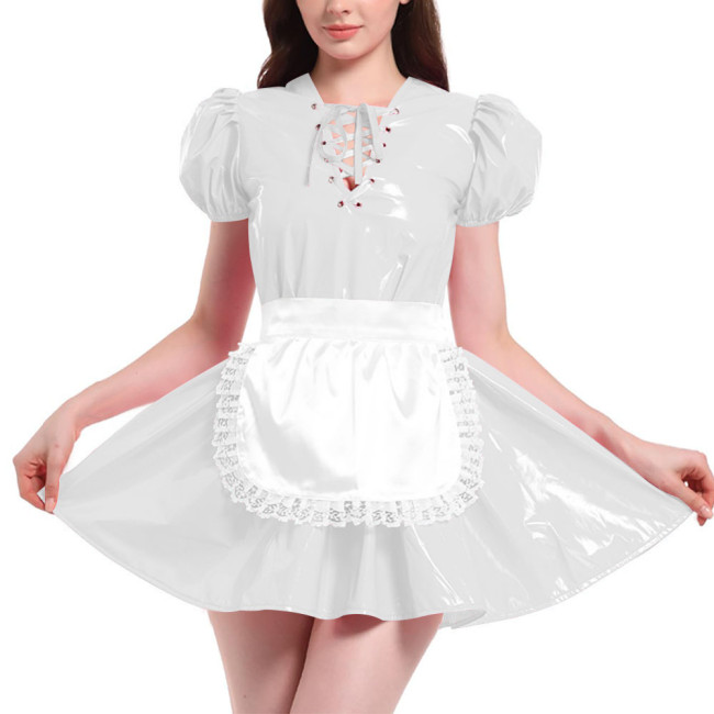 French Maid Outfit Puff Short Sleeve Mini Dress with Apron PVC Leather Sweet Kawaii Maid Cosplay Costume Maid Cross Dressing Set
