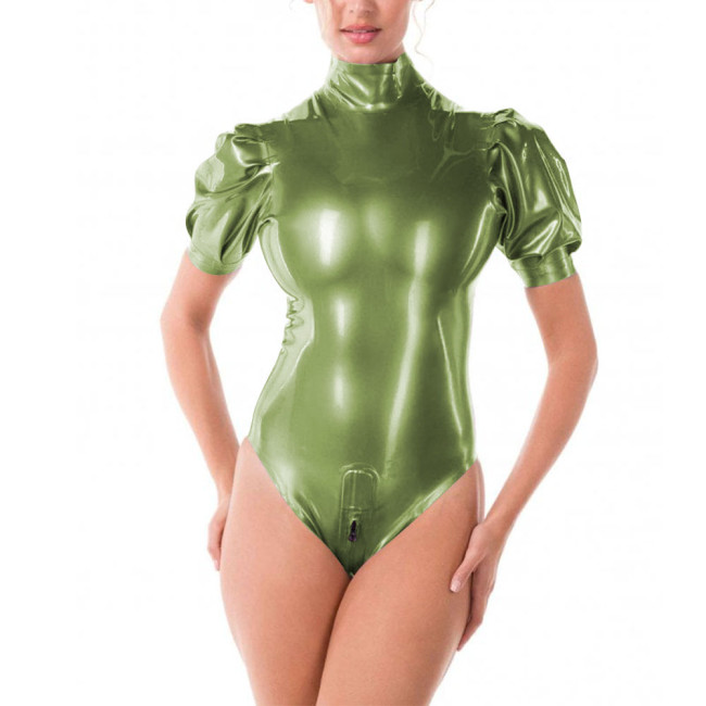 Sissy Sexy Bodysuit Lingerie PVC Leather Bodysuits for Women Puff Sleeve Zipper Open Crotch Faux Latex Bodysuits Festival Outfits Size