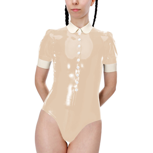 Fetish Short Sleeve High Cut Lingerie Sexy Bodysuit Shiny PVC Leather Turn-down Collar Button One-pieces Bodysuit Sexy Costume