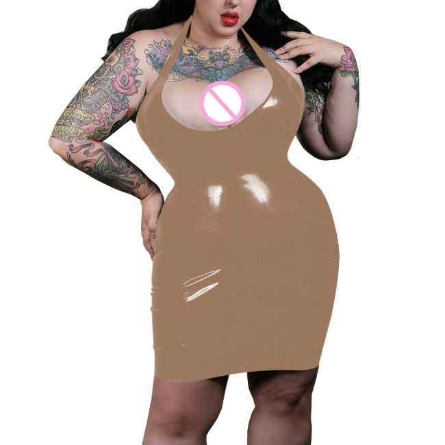 Sexy Plunging Neckline Halter Bodycon Dress Shiny PVC Leather Women Faux Latex Hobble Mini Dress Party Pole Dancing Exotic Dress