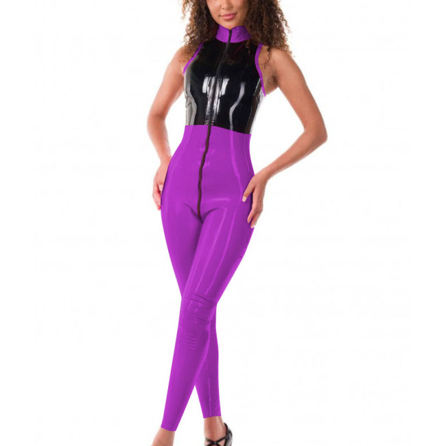 Womens Front Zipper Jumpsuit Wetlook Patent Leather Sleeveless Patchwork Catsuit Glossy Role Play Romper Clubwear Sissy Lingerie