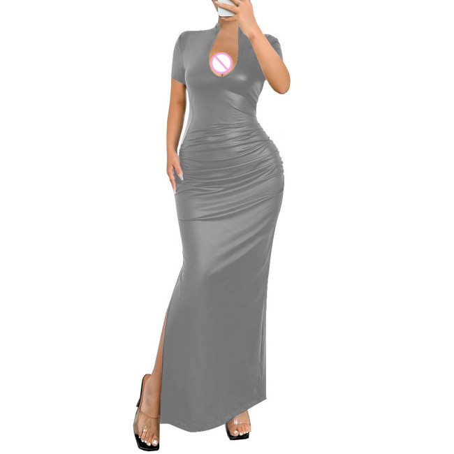 Ladies Elegant Deep V-Neck Long Dress Womens Streetwear Elastic PU Slim Fit Maxi Dress Female Sexy Short Sleeve Split Vestidos