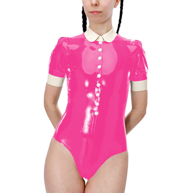 Fetish Short Sleeve High Cut Lingerie Sexy Bodysuit Shiny PVC Leather Turn-down Collar Button One-pieces Bodysuit Sexy Costume