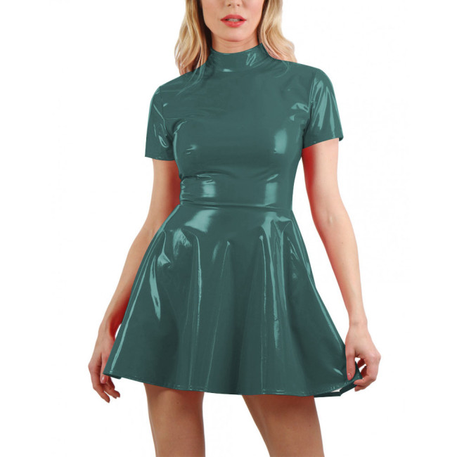 Preppy Style High Neck A-line Dress Fashion High Waist PVC Shiny Leather Mini Gown Dress Casual Short Sleeve Skater Swing Dress