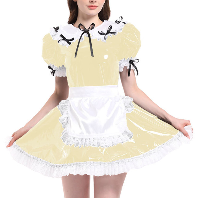 Sissy Puff Short Sleeve French Maid Uniforms Wet Look PVC Leather Servant Maid Dress with Apron Lolita Cosplay Teddy Babydoll