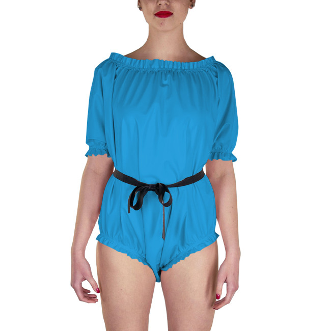 Mens Sissy Onesies Patent Leather Short Sleeve O Neck Faux Latex Bodysuits Adult Giant Baby Costume Summer Pole Dancing Rompers