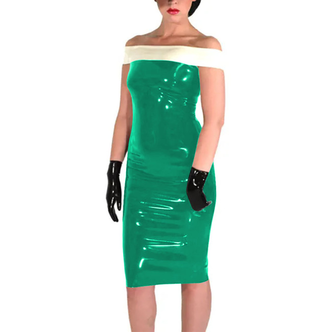 New Fashion Patchwork White Slim Fit Dress Shiny PVC Leather Slash Neck Bodycon Midi Dress Office Lady Back Zipper Sexy Dress