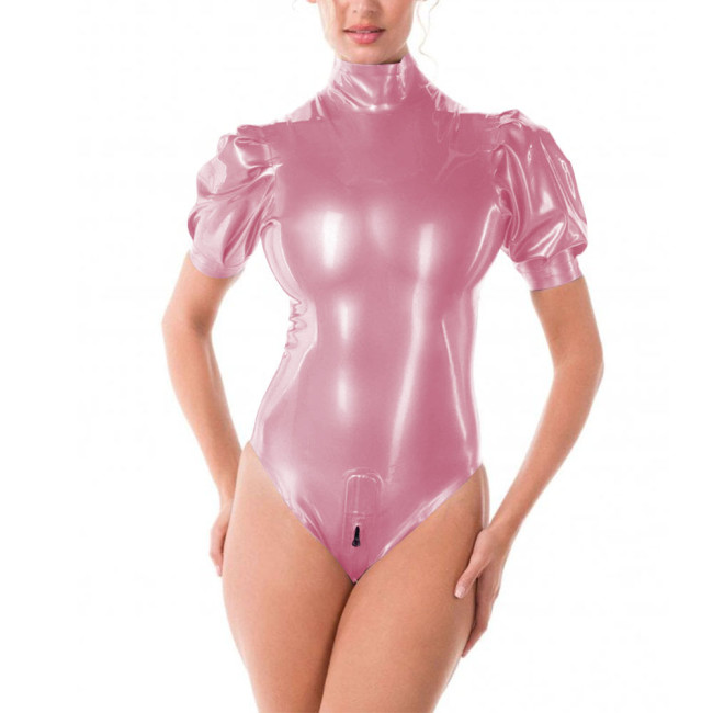 Sissy Sexy Bodysuit Lingerie PVC Leather Bodysuits for Women Puff Sleeve Zipper Open Crotch Faux Latex Bodysuits Festival Outfits Size
