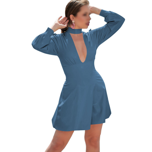Long Sleeve Solid Color PVC Leather Mini Dress for Women Mock Neck Hollow Out Dress Sissy Sexy Club Party Short Dress Streetwear