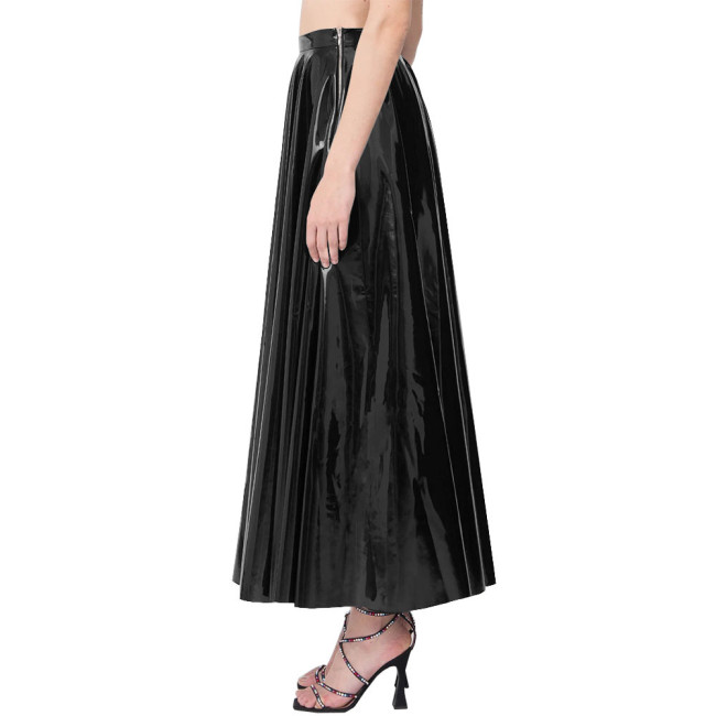Elegance Long Pleated Skirt Women Candy Color Stretchy Maxi Skirts PVC Leather Side Zipper Casual Red Long Skirts Daily Wearbwear