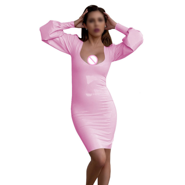 Women's Sexy Deep U-neck Mini Dress Nightclub Solid Color Long Sleeve PVC Tight Dress Wetlook Patent Leather Club Party Dresses