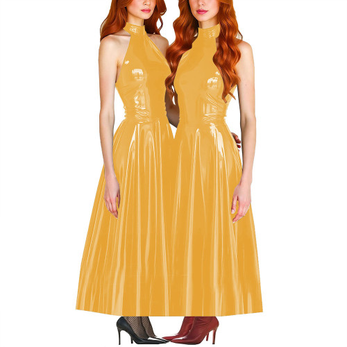 Elegance Pleated Maxi Dress for Women PVC Leather Sleeveless Slim Fit A-line Long Dress Ball Gowns Sexy Women Clothing Vestido