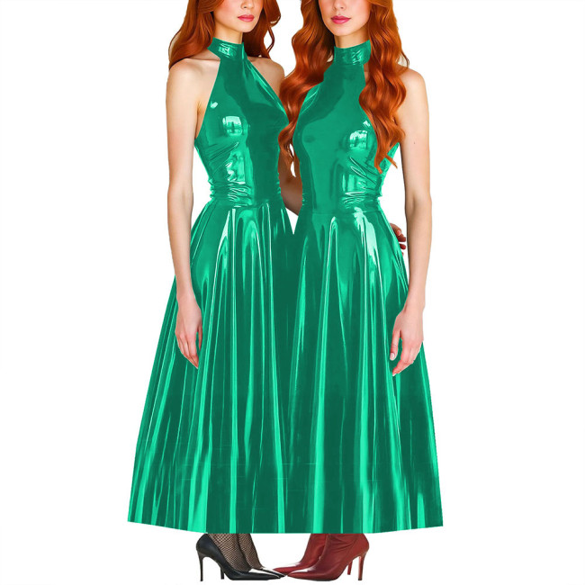 Elegance Pleated Maxi Dress for Women PVC Leather Sleeveless Slim Fit A-line Long Dress Ball Gowns Sexy Women Clothing Vestido
