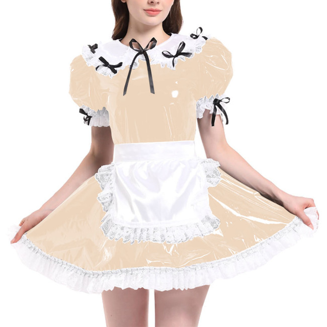 Sissy Puff Short Sleeve French Maid Uniforms Wet Look PVC Leather Servant Maid Dress with Apron Lolita Cosplay Teddy Babydoll