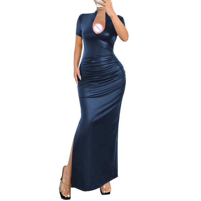 Ladies Elegant Deep V-Neck Long Dress Womens Streetwear Elastic PU Slim Fit Maxi Dress Female Sexy Short Sleeve Split Vestidos
