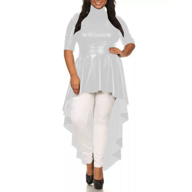 Womens Solid Color Irregular Hem Long Dress Elegant Half Sleeve PU Leather Mermaid Dress Ladies High-Low Pleated Dresses Tops