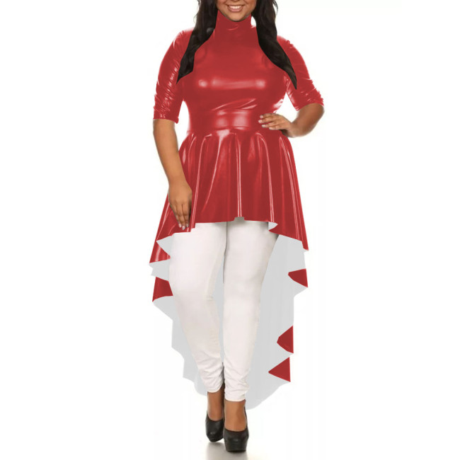 Womens Solid Color Irregular Hem Long Dress Elegant Half Sleeve PU Leather Mermaid Dress Ladies High-Low Pleated Dresses Tops