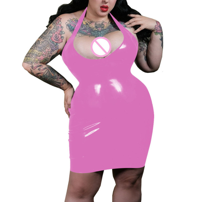 Sexy Plunging Neckline Halter Bodycon Dress Shiny PVC Leather Women Faux Latex Hobble Mini Dress Party Pole Dancing Exotic Dress
