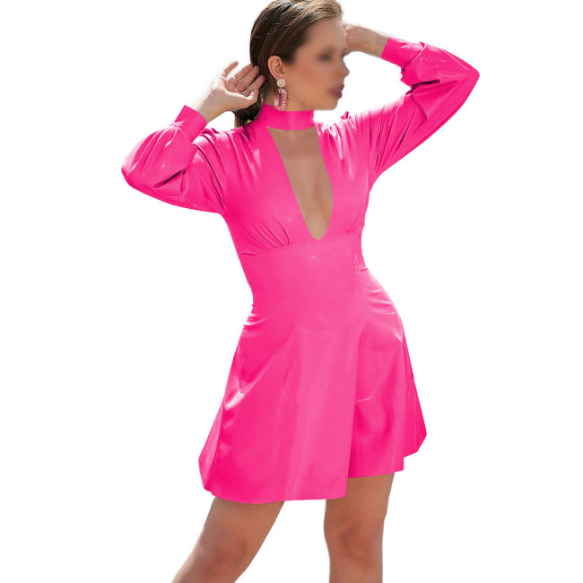 Long Sleeve Solid Color PVC Leather Mini Dress for Women Mock Neck Hollow Out Dress Sissy Sexy Club Party Short Dress Streetwear