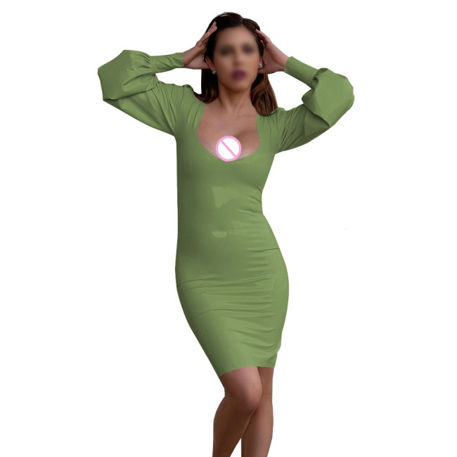 Women's Sexy Deep U-neck Mini Dress Nightclub Solid Color Long Sleeve PVC Tight Dress Wetlook Patent Leather Club Party Dresses