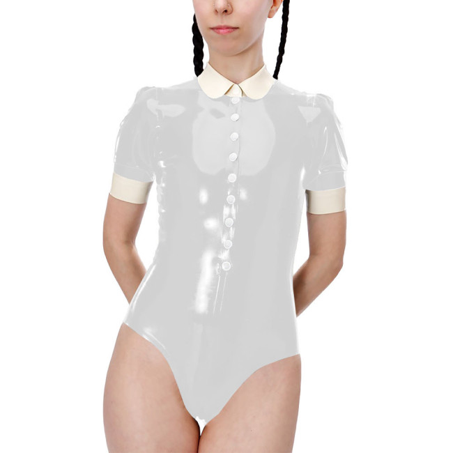 Fetish Short Sleeve High Cut Lingerie Sexy Bodysuit Shiny PVC Leather Turn-down Collar Button One-pieces Bodysuit Sexy Costume