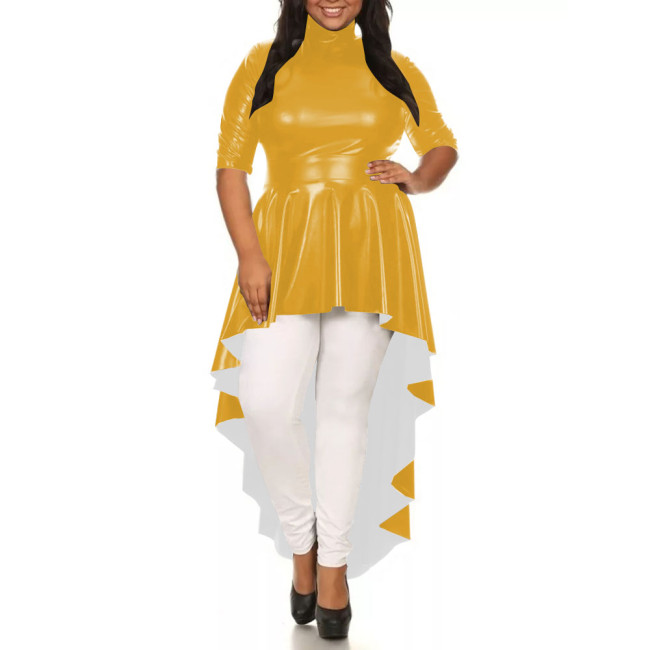 Womens Solid Color Irregular Hem Long Dress Elegant Half Sleeve PU Leather Mermaid Dress Ladies High-Low Pleated Dresses Tops