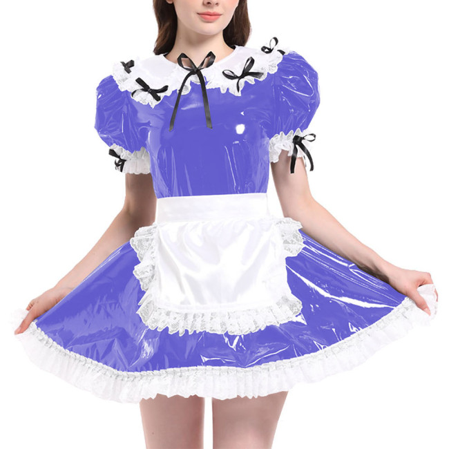 Sissy Puff Short Sleeve French Maid Uniforms Wet Look PVC Leather Servant Maid Dress with Apron Lolita Cosplay Teddy Babydoll