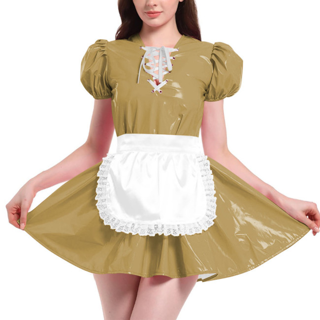 French Maid Outfit Puff Short Sleeve Mini Dress with Apron PVC Leather Sweet Kawaii Maid Cosplay Costume Maid Cross Dressing Set