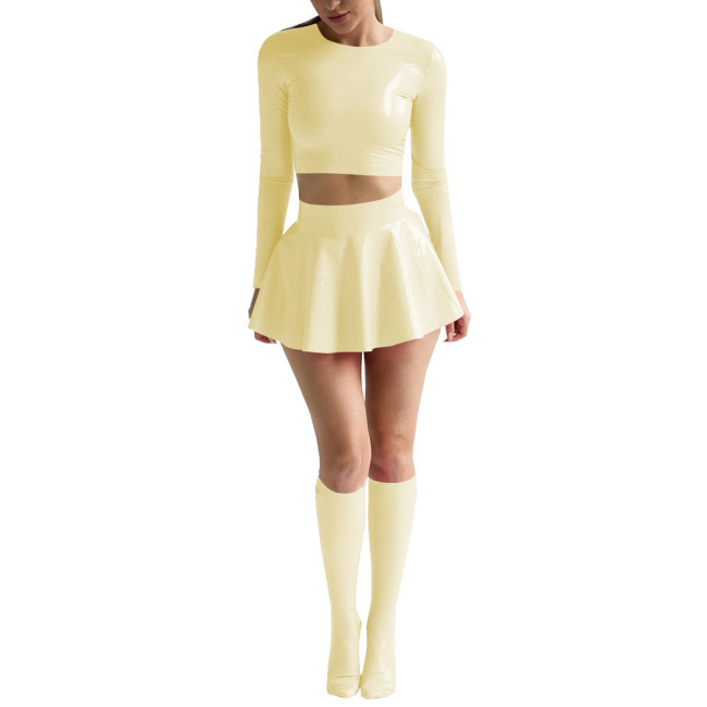 Womens Sexy Shiny PVC Leather Nightclub Outfit Solid Long Sleeve Crop Tops with Mini Skirt Stockings Wetlook Pole Dance Clubwear