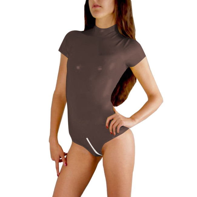 Sissy Sexy Mock Neck Bodycon Backless Tops for Women Solid Color Short Sleeve Bodysuits Faux Latex Open Crotch Rompers Femalepers Plus Size