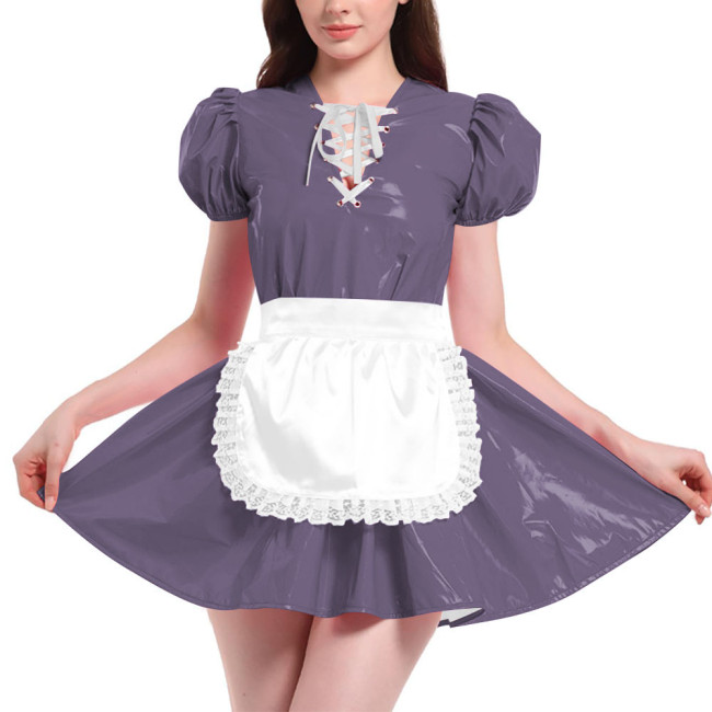 French Maid Outfit Puff Short Sleeve Mini Dress with Apron PVC Leather Sweet Kawaii Maid Cosplay Costume Maid Cross Dressing Set