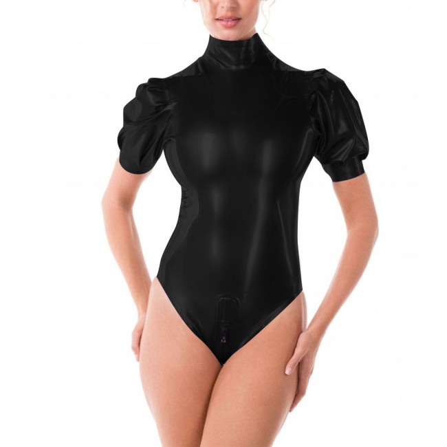 Sissy Sexy Bodysuit Lingerie PVC Leather Bodysuits for Women Puff Sleeve Zipper Open Crotch Faux Latex Bodysuits Festival Outfits Size