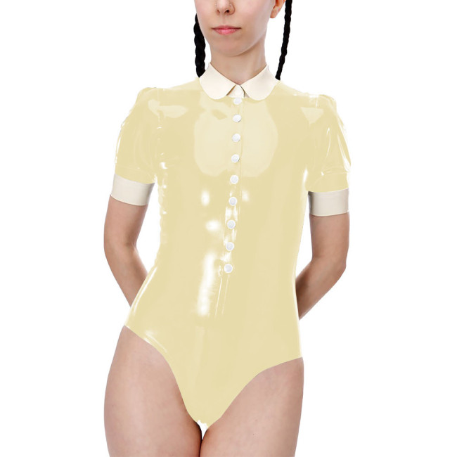 Fetish Short Sleeve High Cut Lingerie Sexy Bodysuit Shiny PVC Leather Turn-down Collar Button One-pieces Bodysuit Sexy Costume
