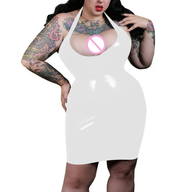 Sexy Plunging Neckline Halter Bodycon Dress Shiny PVC Leather Women Faux Latex Hobble Mini Dress Party Pole Dancing Exotic Dress