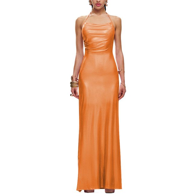Sexy Halter Formal Party Long Summer Dress Liquid Metallic Women Sleeveless Slim Fit Hip Wrap Maxi Dress Elegant Cocktail Gownng Dress
