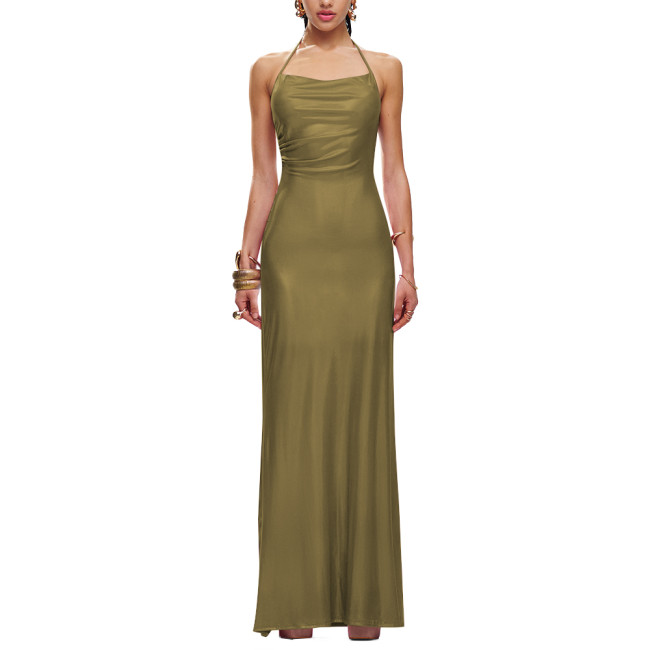 Sexy Halter Formal Party Long Summer Dress Liquid Metallic Women Sleeveless Slim Fit Hip Wrap Maxi Dress Elegant Cocktail Gownng Dress