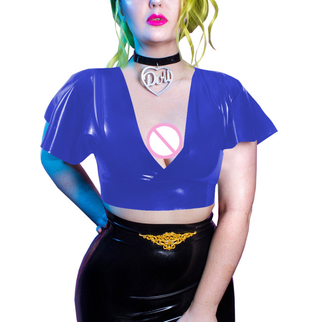 Goth Girls Deep V-neck Bodycon Short Sleeve Vinyl PVC Leather Summer Women Clothing Sexy Club Slim Solid Crop Tops Daily Wearng