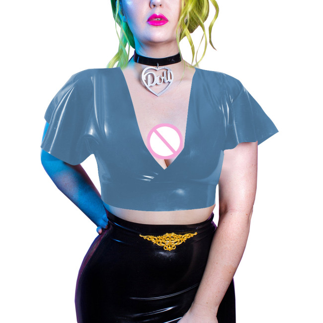 Goth Girls Deep V-neck Bodycon Short Sleeve Vinyl PVC Leather Summer Women Clothing Sexy Club Slim Solid Crop Tops Daily Wearng