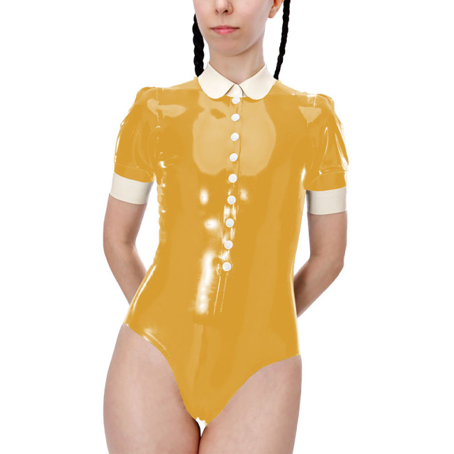 Fetish Short Sleeve High Cut Lingerie Sexy Bodysuit Shiny PVC Leather Turn-down Collar Button One-pieces Bodysuit Sexy Costume